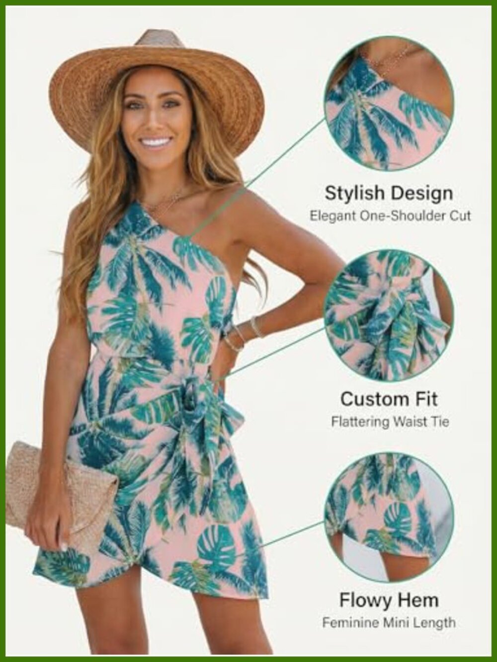 One Shoulder Tropical Leaf Print Mini Dress with Self-Tie Sash - Picture 4 of 6